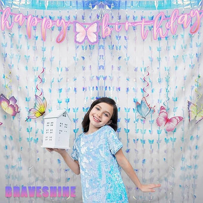 BRAVESHINE Iridescent Hanging Butterfly Foil Fringe Curtain - 2 Pack 3.2x6.6ft Holographic Party Streamers Backdrop for Baby/Bridal Shower/Mermaid/Frozen/Fairy/Princess/Butterfly Birthdays Decorations