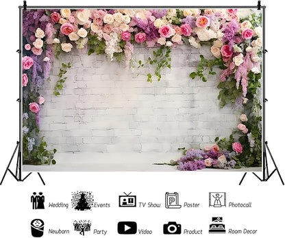 10x8ft Wedding Backdrop Rustic White Brick Wall Flowers Photography Background Bridal Shower Wedding Party Adults Portraits Decoration Supplies Photo Booth Props