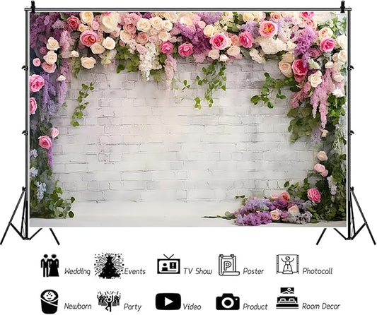 12x8ft Wedding Backdrop Rustic White Brick Wall Flowers Photography Background Bridal Shower Wedding Party Adults Portraits Decoration Supplies Photo Booth Props