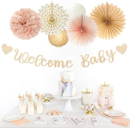 Champagne-Gold Fall Boho Baby Shower Party-Decorations - 21pcs Girls Welcome Baby Banner,Beige One Sweet Peach Paper Lanterns Pom Poms, Neutral Streamers Garland Decor Favors Huglony