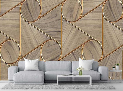 Golden Stripes and Circles and Imitation Wood Grain Wallpaper, Large Wall murals for bedrooms, Living Rooms, restrooms(Non-self-Adhesive)
