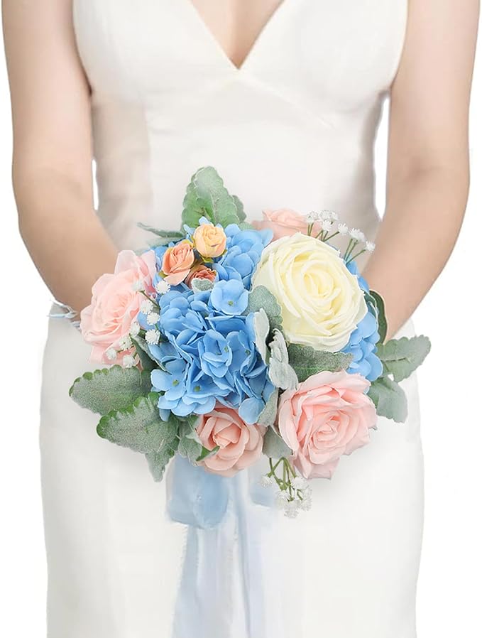 Rinlong Wedding Bouquets for Bridesmaids Bride Pastel Pink Blue Artificial Flowers Bridesmaids Bridal Bouquet for Wedding Prom Homecoming