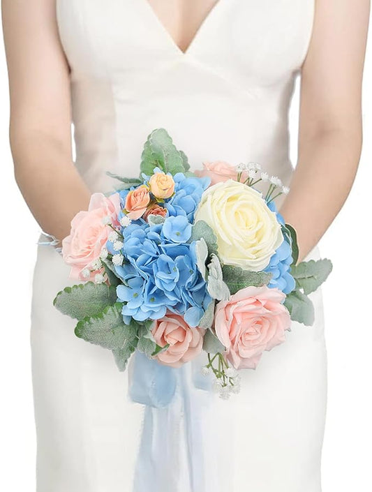 Rinlong Wedding Bouquets for Bridesmaids Bride Pastel Pink Blue Artificial Flowers Bridesmaids Bridal Bouquet for Wedding Prom Homecoming