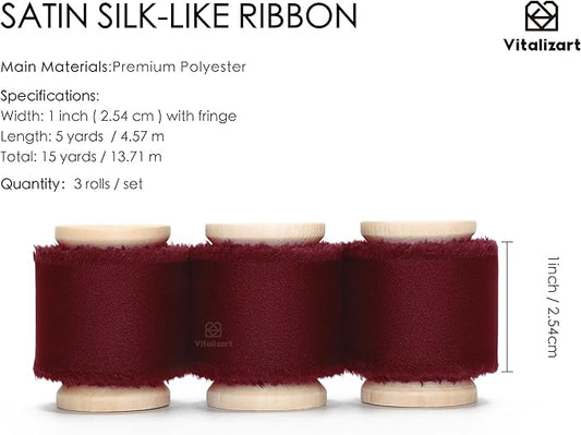 Vitalizart Silk Satin Ribbon 1 inch x 15 Yard Burgundy Red Handmade Frayed Ribbons for Gift Wrapping Baby Shower Wedding Bridal Bouquets Holiday Decor