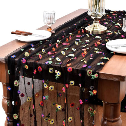 Joanlody Black Embroidery Daisy Christmas Table Runner 10ft Florals Seasonal Tulle Table Runner Holiday Kitchen Dining Table Decoration for Home Party Indoor