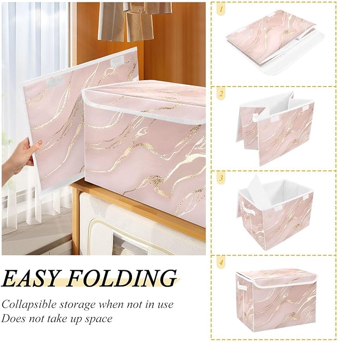 Collapsible Storage Bins with Lids, Rose Gold Pink Marble Storage Boxes for Organizing