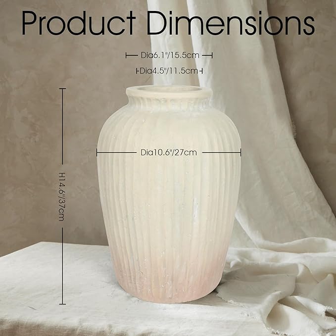 Oakrain 15" Tall Rustic Vase, Decorative Flower Vase for Table with Gradient Design, Large Floor Planter for Indoor Plants, Home Decor, Living Room, Entryway, Beige