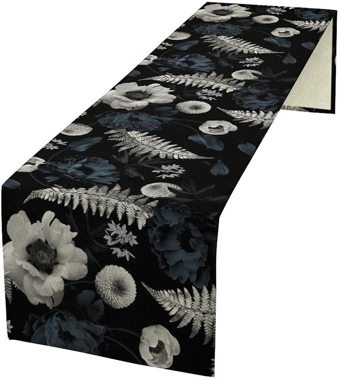 Vintage Floral Table Runner,Gothic Blue White Retro Floral Plant Print Table Runner for Home Kitchen Table Dining Indoor Outdoor Party Decor 13x108 Inch