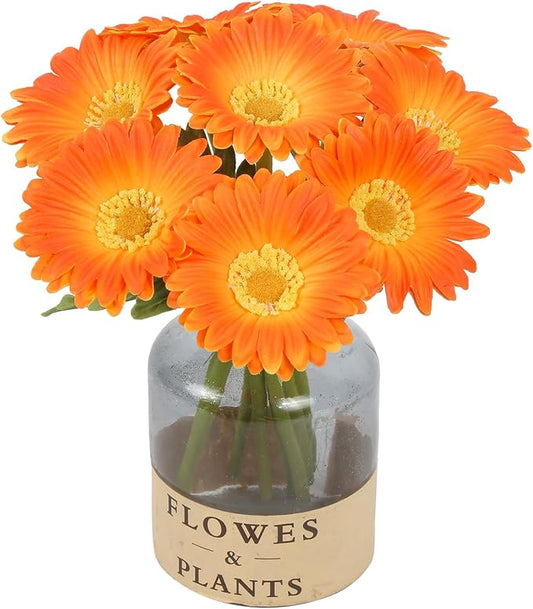 Orange Flowers Artificial Gerbera Daisies 8Pcs PU Daisy Flowers 11.8 Inches Small Artificial Flowers for Vase Wedding Centerpiece Arrangement Living Room Home Decor