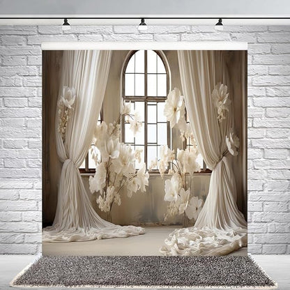8x8ft Wedding Party Decorations Banner Backdrop Wedding Reception Photography Backdrop White Floral Flowers Curtains French Frame Photo Backgrounds Baby Shower Photo Shoot Portraits Props
