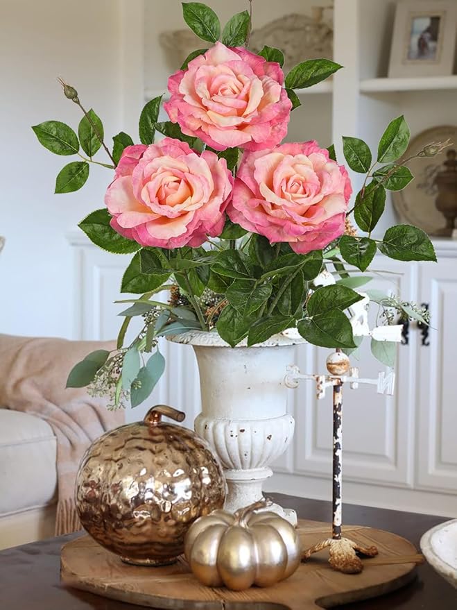 Hollyone 3Pcs Light Pink Roses Artificial Flowers Bouquets 26.3" Fake Flower Arrangements Silk Flowers Rose with Long Stem Floral Branch Faux Roses Flowers for DIY Table Centerpieces Home Decor