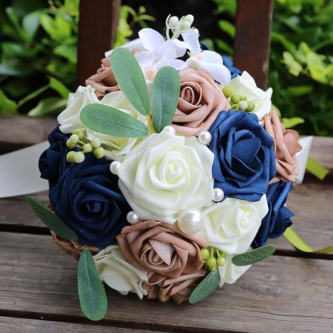 Lightweight Bridal Wedding Bouquet Round Holding Bouquet Throw Toss Artificial Rose Flower Bunch for Bride Bridesmaid Wedding Quinceanera (Cream, Navy & Rosy Brown, 7.9")