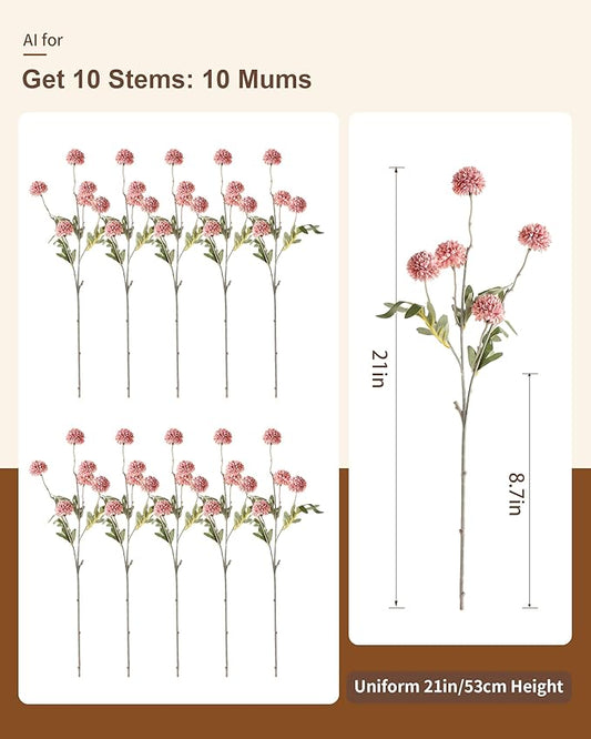 JAKY-Global 10 Stems Fall Artificial Chrysanthemum Flowers,21in Realistic Silk Pompon Fake Mums for Boho Home Decor, Halloween Centerpieces, Autumn Wedding Arrangements