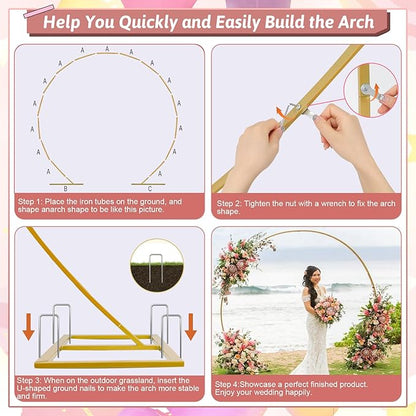 Balloon Arch Stand Kit, 8.2ft (2.5m) Metal Round Backdrop Stand Frame Set: Half Circle Gold Balloon Arch for Birthday Party Baby Shower Wedding Graduation Decoration (Golden)