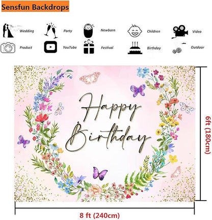 Sensfun Wildflower Happy Birthday Backdrop Banner Wild Flower Birthday Decorations,Spring Floral Butterfly Photography Background for Girls Wildflower One Birthday Party Decor Photo Booth Props 8x6ft