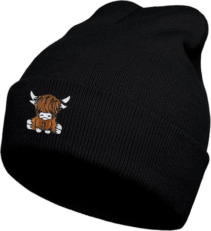 Scottish Highland Cow Beanie Hat, Cute Funny Cow Embroidery Winter Knit Skull Cap for Adult Men Women