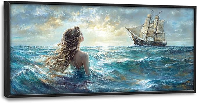 Mermaid Large Wall Art Ocean Mermaid Boat Pictures Wall Decor Nautical Canvas Seascape Print Painting Modern Artwork Home Decoration for Living Room Bathroom Bedroom Office Framed 60"x30"