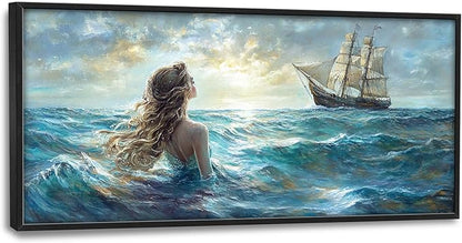 Mermaid Large Wall Art Ocean Mermaid Boat Pictures Wall Decor Nautical Canvas Seascape Print Painting Modern Artwork Home Decoration for Living Room Bathroom Bedroom Office Framed 60"x30"