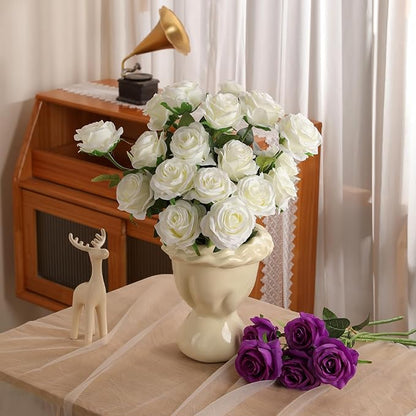 Nubry 24pcs Artificial Silk Roses Bulk,Fake Roses Flower with Stems Realistic Flowers for Wedding Centerpiece Home Party Decor(White)