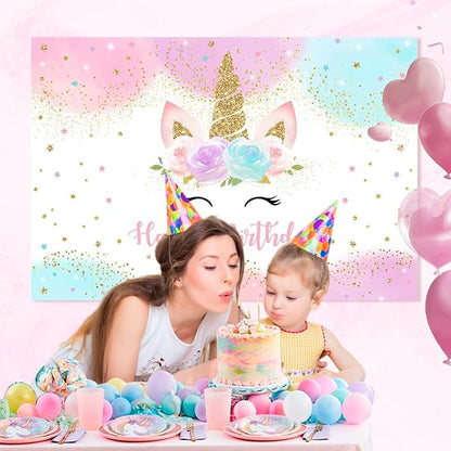 Mocsicka Unicorn Birthday Decorations Unicorn Backdrop for Girls Birthday Party 7x5ft Pastel Rainbow Unicorn Glitter Stars Dots Happy Birthday Banner Photo Booth Props