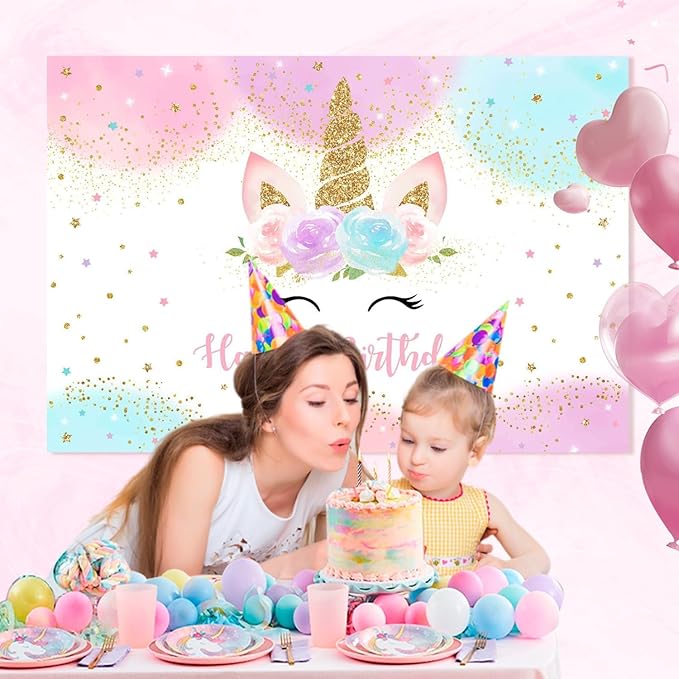 Mocsicka Unicorn Birthday Decorations Backdrop for Girls Party 6x4ft Pastel Rainbow Glitter Stars Dots Happy Birthday Banner Photo Booth Props