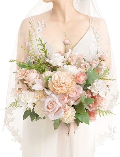 Ling's moment Blush Pink Wedding Bouquets for Bride, Blush and Cream Bridal Bouquets for Bride, 15 Inch Free Form Artificial Wedding Flower Bouquet