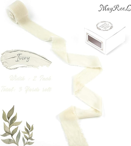 MAYREEL Ivory Velvet Ribbon 2 Inch Hand Torn Light Cream Silk Frayed Edge Ribbon for Bridal Bouquets Invitations Wedding Vow Books Gift Baskets Hair Bows 3 Yards