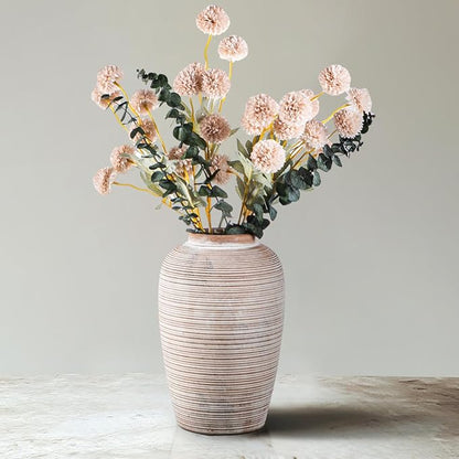 6 Artificial Silk Flowers + 3 Eucalyptus, Artificial Chrysanthemums with Stems for Home Decor,Bumnt Beige
