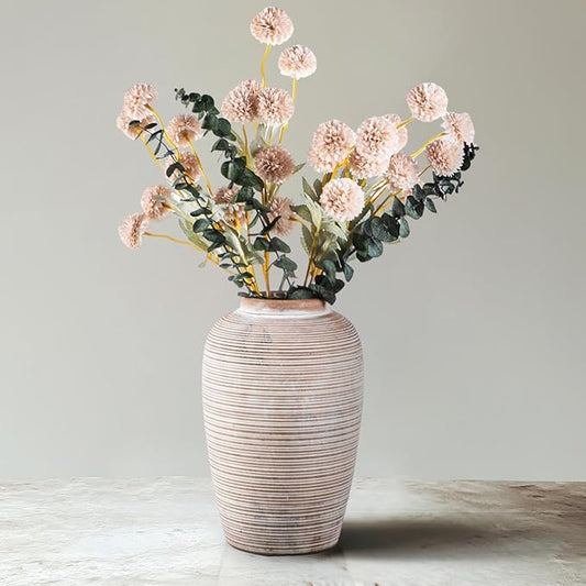 6 Artificial Silk Flowers + 3 Eucalyptus, Artificial Chrysanthemums with Stems for Home Decor,Bumnt Beige