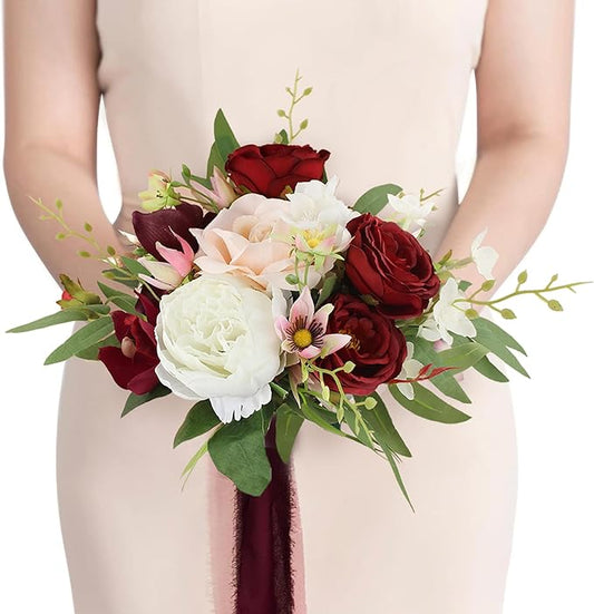Rinlong 1Pc Fall Wedding Bouquets for Bridesmaids Burgundy Artificial Bridesmaid Bouquet for Wedding Prom