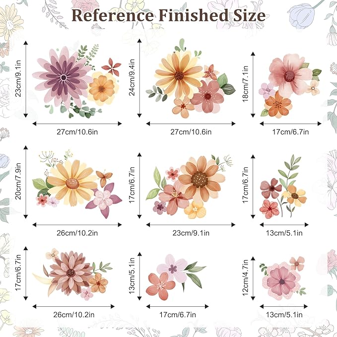 Retro Boho Wildflower Wall Stickers, Vintage Garden Floral Wall Decals 7 Sheets DIY Peel and Stick Wall Decal Self Adhesive Home Decor for Bedroom Offices Sofa TV Backdrop Wall