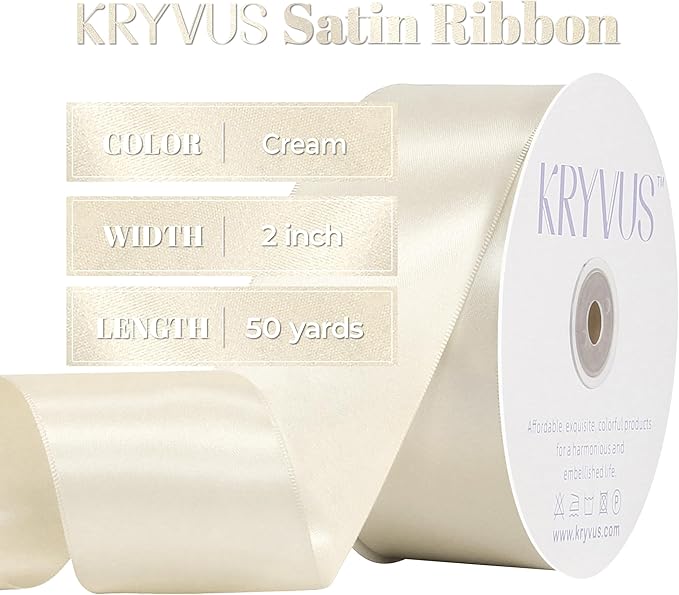 Cream Satin Ribbon, Double Faced 2 Inch X 50 Yards Cream Ribbon, Premium Satin Ribbon for Gift Wrapping, Crafts, Hair Bow Making, Sewing, Flower Bouquet, Wedding Party Decor