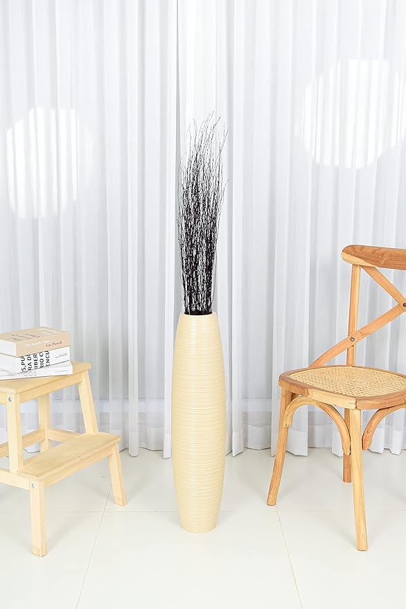 Leewadee Large Cream Home Decor Floor Vase – Wooden 28 inches Tall Farmhouse Decor Flower Holder for Fake Plant and Pampas Grass