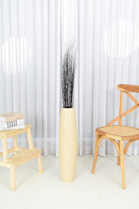 Leewadee Large Cream Home Decor Floor Vase – Wooden 28 inches Tall Farmhouse Decor Flower Holder for Fake Plant and Pampas Grass
