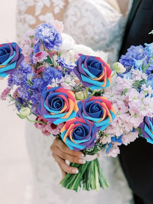 MACTING Artificial Rose Flowers 60PCS Real Looking Foam Fake Roses Rainbow Fake Flowers with Stem for DIY Wedding Bouquets Baby Shower Centerpieces Party Tables Home Spring Mothers Day Decorations