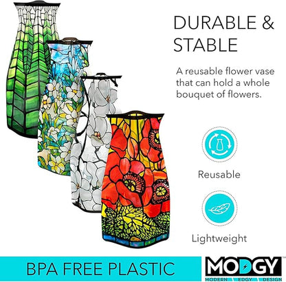 MODGY Expandable Flower Vase Set, Plastic Decorative Modern Foldable Printed Vases for Centerpieces for Wedding, Dining Table, Home Decor, Living Room, Bathroom, Office, Louis C. Tiffany, 4 Pack