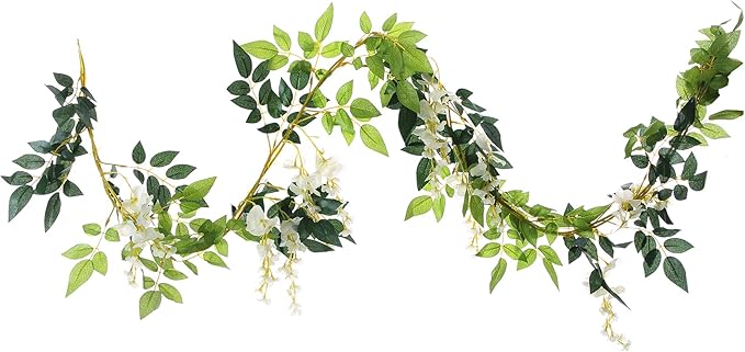 2Pcs 6.6Ft Artificial Flowers Vines Silk Wisteria Artificial Garlands Fake Hanging Green Leaf Flower Ivy Vines for Home Garden Wedding Arch Decor, White