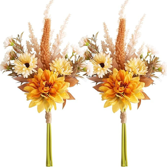 Fake Flower Bouquet, Faux Flower Arrangement for Decorating Kitchens, Bedrooms, Bathrooms, Realistic Artificial Flowers Made of Silk & Plastic, Floral Decoration with Dahlia & Small Blossoms