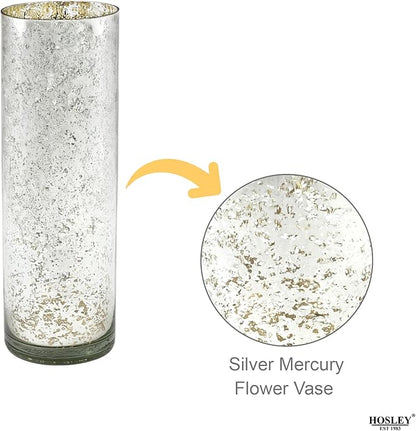 Hosley 12 Inch High Metallic Silver Speckled Finish Glass Floral Vase. Ideal Gift for Floral Arrangements Weddings Bridal Spa Meditation Reiki Rose Vase Nautical Settings Led Lantern Votive Garden P1