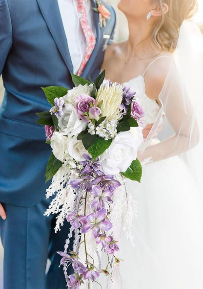 Bridal Bouquet,9 Inch Wedding Bouquets Purple and White Fake Wedding Silk Flowers for Ceremony Anniversary Brides Shower(Purple)