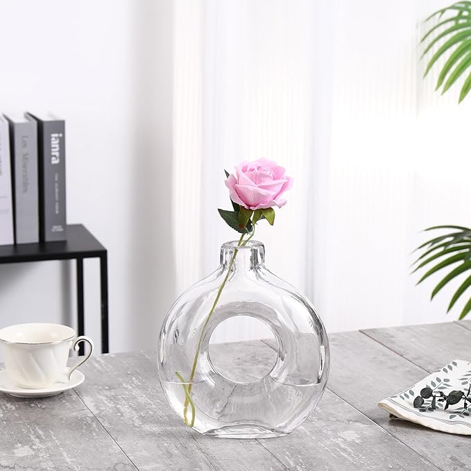 Glass Donut Vase, Clear Donut Vase, Round Glass Vases for Flowers, Modern Vases for Home, Living Room, Dining Table, Entryway, Mantle, Shelf, Wedding, Office, Coffee Table
