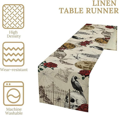 Gothic Floral Table Runner, Retro Dark Skull Crow Vintage Flower Halloween Pumpkin Witchy Coffee Table Center Decor for Home Kitchen Dining Patio Holiday Party Table Decorations 13x108 inches