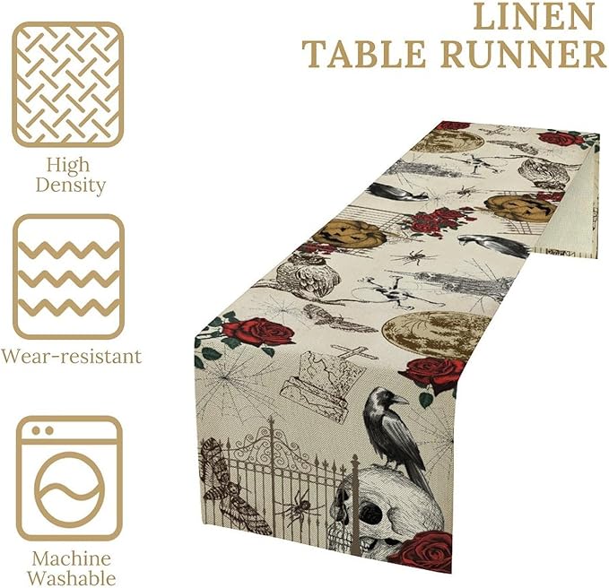 Gothic Floral Table Runner, Retro Dark Skull Crow Vintage Flower Halloween Pumpkin Witchy Coffee Table Center Decor for Home Kitchen Dining Patio Holiday Party Table Decorations 13x90 inches