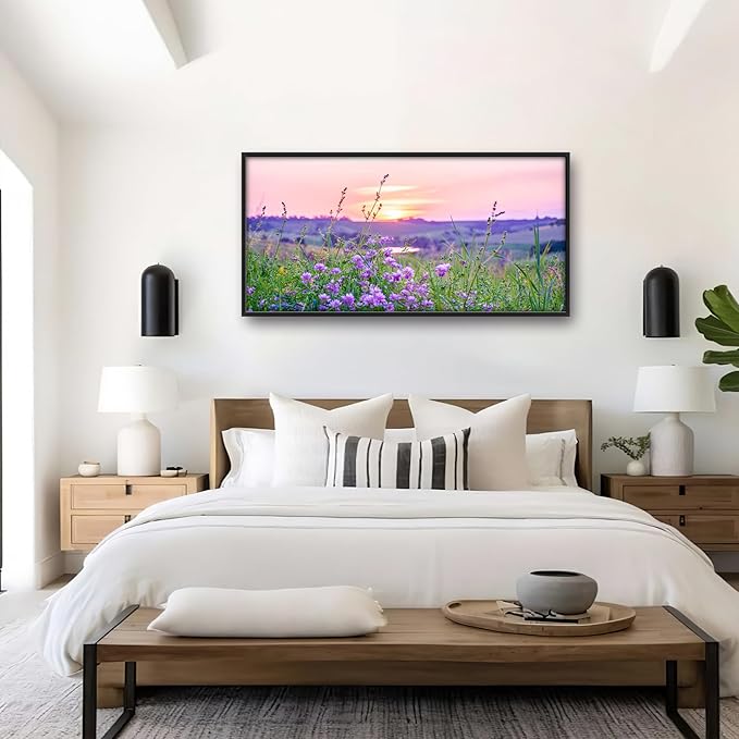 Nature Scenery Large Wall Art Sunset Framed Wall Decor for Living Room Countryside Wildflowers Pictures Oversized Canvas Print Painting Modern Extra Large Framed Artwork for Bedroom Office 60"x30"