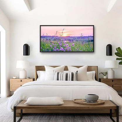 Nature Scenery Large Wall Art Sunset Framed Wall Decor for Living Room Countryside Wildflowers Pictures Oversized Canvas Print Painting Modern Extra Large Framed Artwork for Bedroom Office 60"x30"
