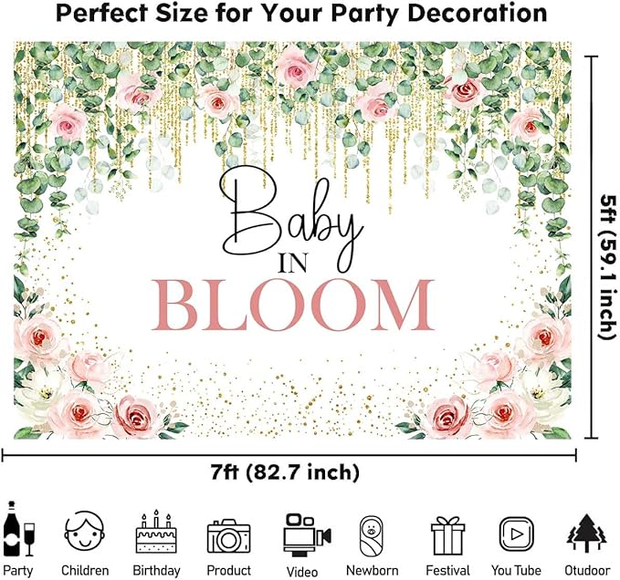 Sensfun Baby in Bloom Backdrop Green Leaves Pink Flowers Baby Shower Party Decorations Girls Greenery Floral Baby in Bloom Banner Gold Glitter Dots Photography Background Cake Table Supplies 7x5ft
