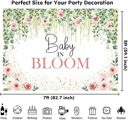 Sensfun Baby in Bloom Backdrop Green Leaves Pink Flowers Baby Shower Party Decorations Girls Greenery Floral Baby in Bloom Banner Gold Glitter Dots Photography Background Cake Table Supplies 7x5ft