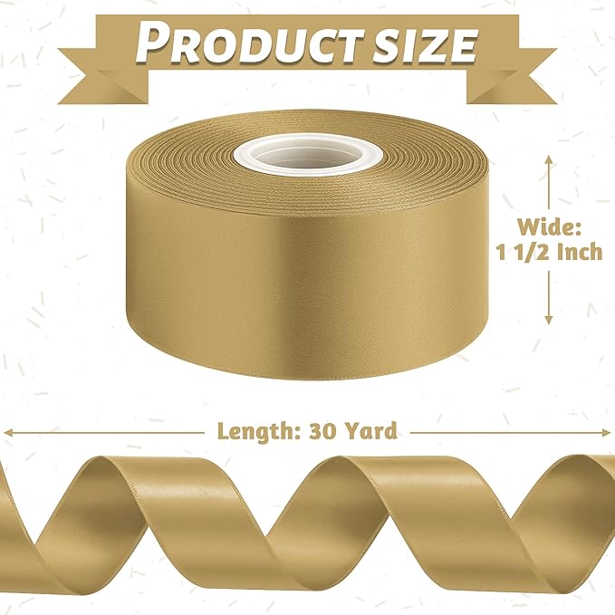 Fullive 1 1/2 Inch Champagne Gold Ribbon, 30 Yards Satin Ribbon, Polyester Satin Christmas Ribbon for Wedding Xmas Tree Graduate New Years Decorations DIY Bows Bouquet Gift Wrapping Christmas Favors