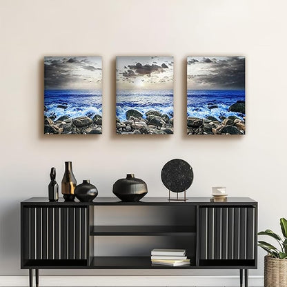 SERIMINO Beach Wall Art, Coastal Wall Art, Ocean Wall Decor, Modern Landscape Paintings Art Prints 3 Pieces Set, Seaside Canvas Pictures for Living Room Bedroom Bathroom Home Office Decoration 20"X28"