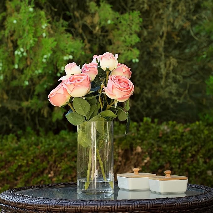 ENOVA FLORAL 9 Heads Silk Rose Artificial Flowers in Vase,Faux Rose Flowers Arrangement in Vase with Faux Water for Table Decor Centerpieces (Dark Pink)
